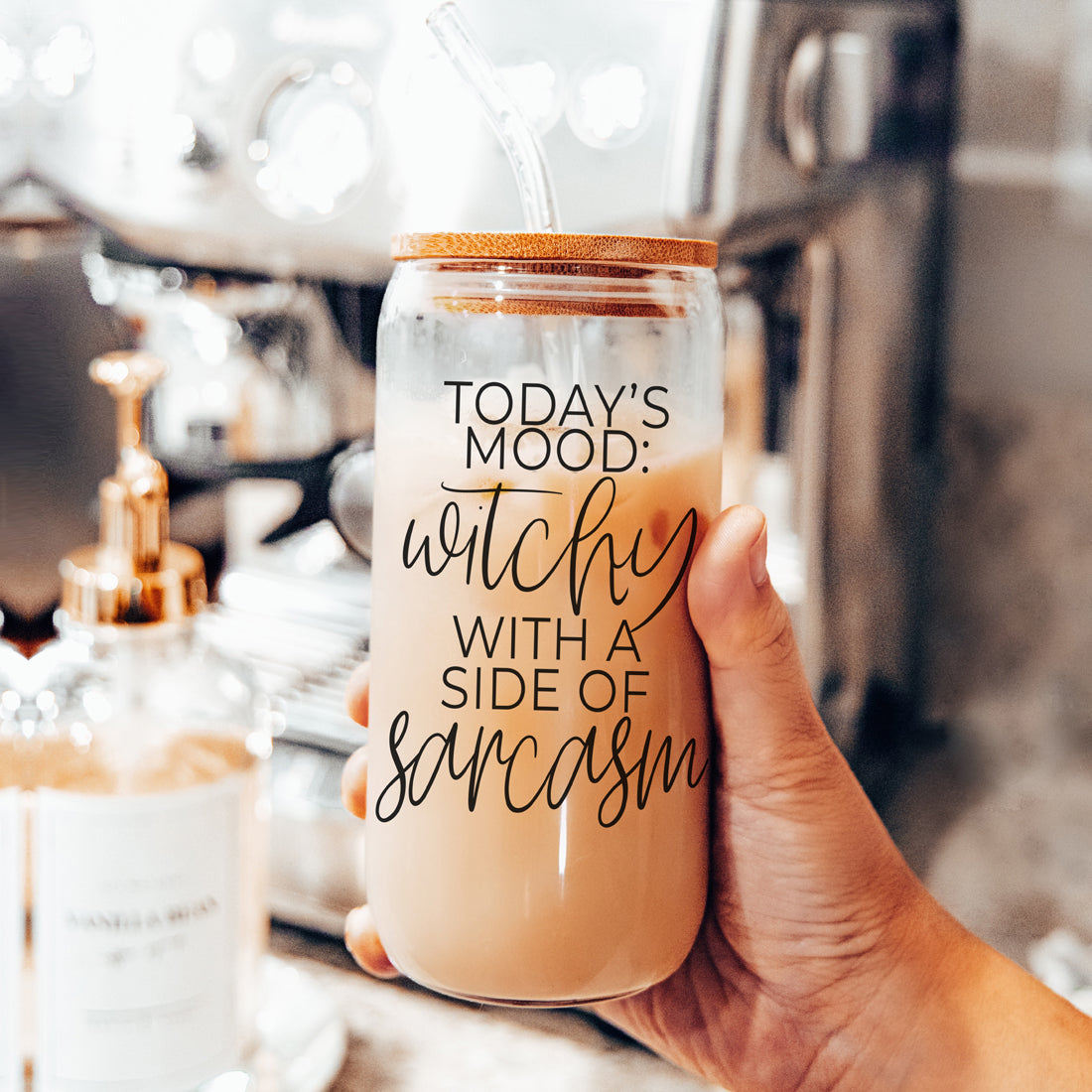 20oz Glass Tumbler Hocus Pocus Coffee Quote With Bamboo Lid Straws And Cleaner BandsCo Straps
