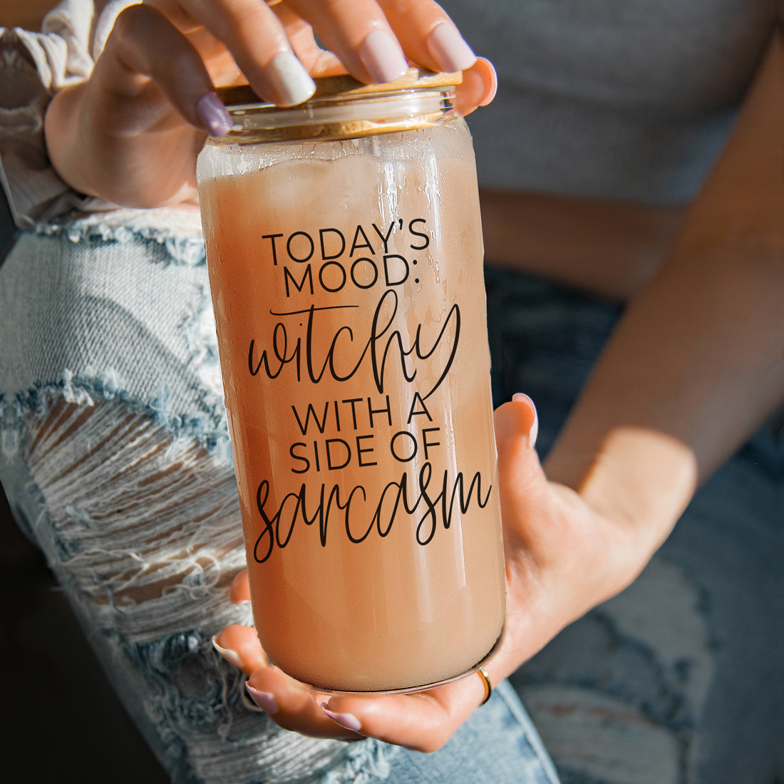 20oz Glass Tumbler Hocus Pocus Coffee Quote With Bamboo Lid Straws And Cleaner BandsCo Straps