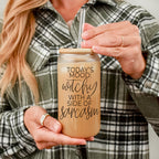 20oz Glass Tumbler Hocus Pocus Coffee Quote With Bamboo Lid Straws And Cleaner BandsCo Straps