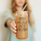 20oz Glass Tumbler Hocus Pocus Coffee Quote With Bamboo Lid Straws And Cleaner BandsCo Straps