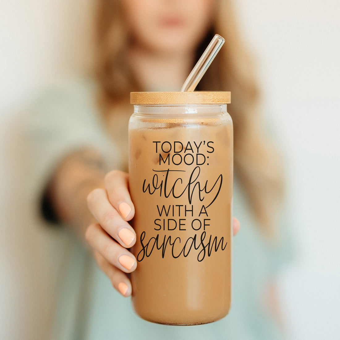 20oz Glass Tumbler Hocus Pocus Coffee Quote With Bamboo Lid Straws And Cleaner BandsCo Straps