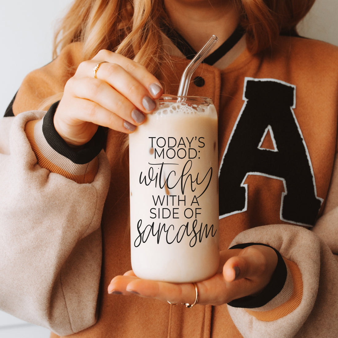 20oz Glass Tumbler Hocus Pocus Coffee Quote With Bamboo Lid Straws And Cleaner BandsCo Straps