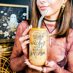 20oz Glass Tumbler Hocus Pocus Coffee Quote With Bamboo Lid Straws And Cleaner BandsCo Straps