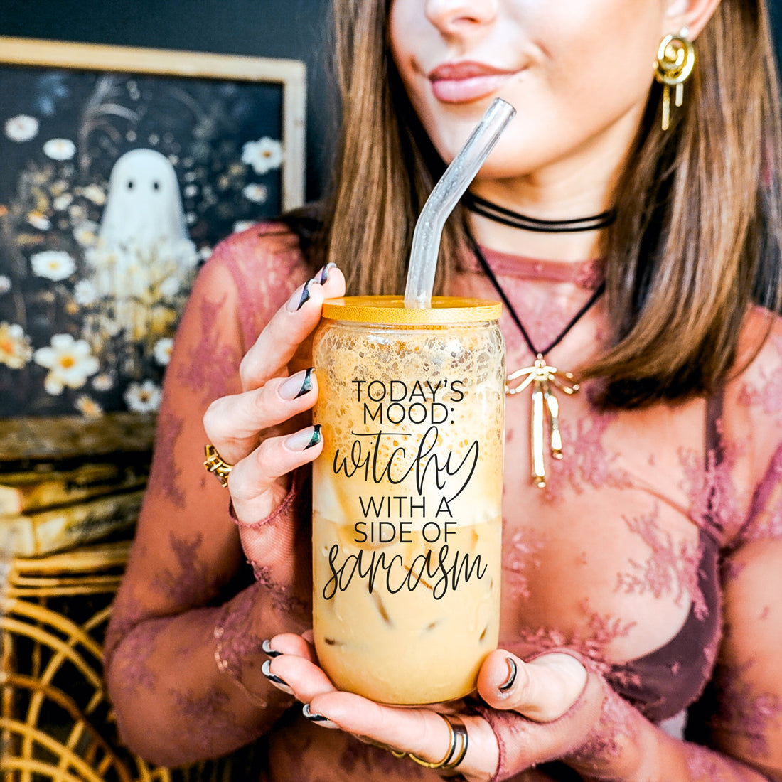 20oz Glass Tumbler Hocus Pocus Coffee Quote With Bamboo Lid Straws And Cleaner BandsCo Straps