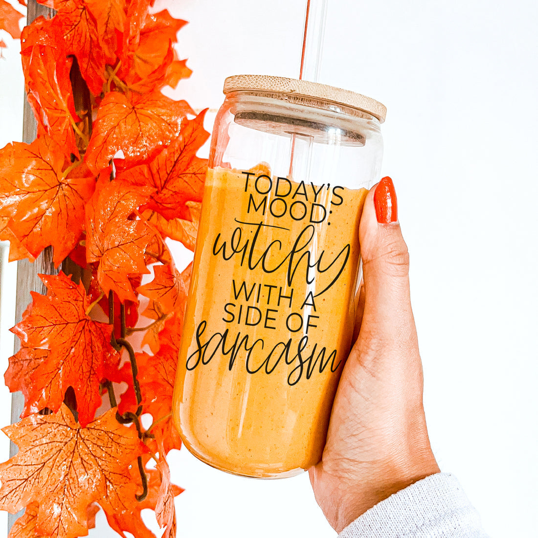 20oz Glass Tumbler Hocus Pocus Coffee Quote With Bamboo Lid Straws And Cleaner BandsCo Straps