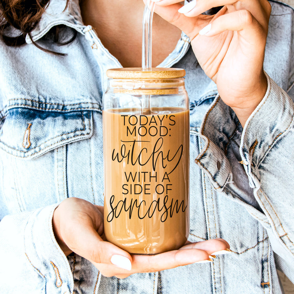 20oz Glass Tumbler Hocus Pocus Coffee Quote With Bamboo Lid Straws And Cleaner BandsCo Straps