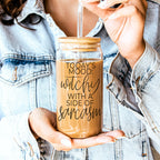 20oz Glass Tumbler Hocus Pocus Coffee Quote With Bamboo Lid Straws And Cleaner BandsCo Straps