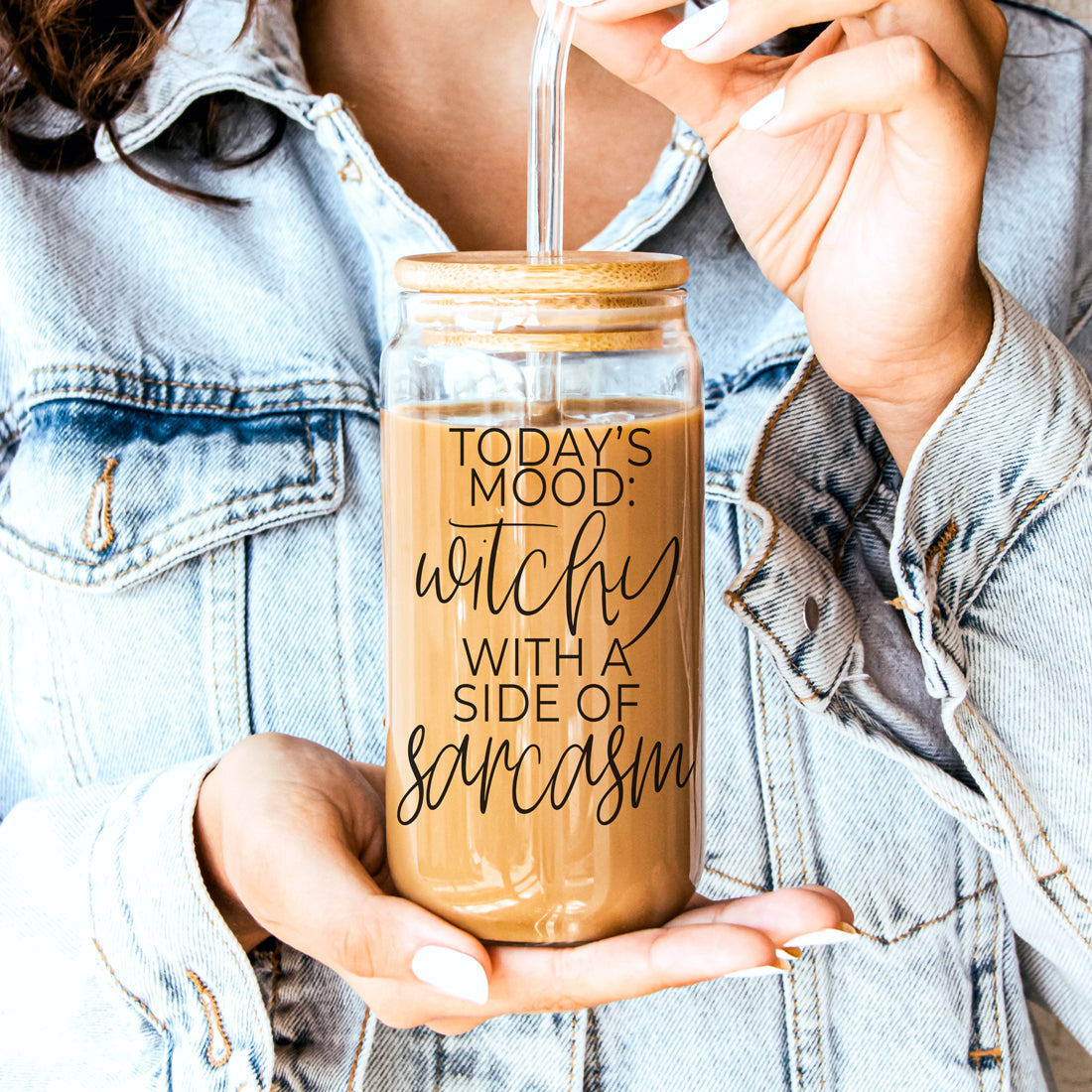 20oz Glass Tumbler Hocus Pocus Coffee Quote With Bamboo Lid Straws And Cleaner BandsCo Straps