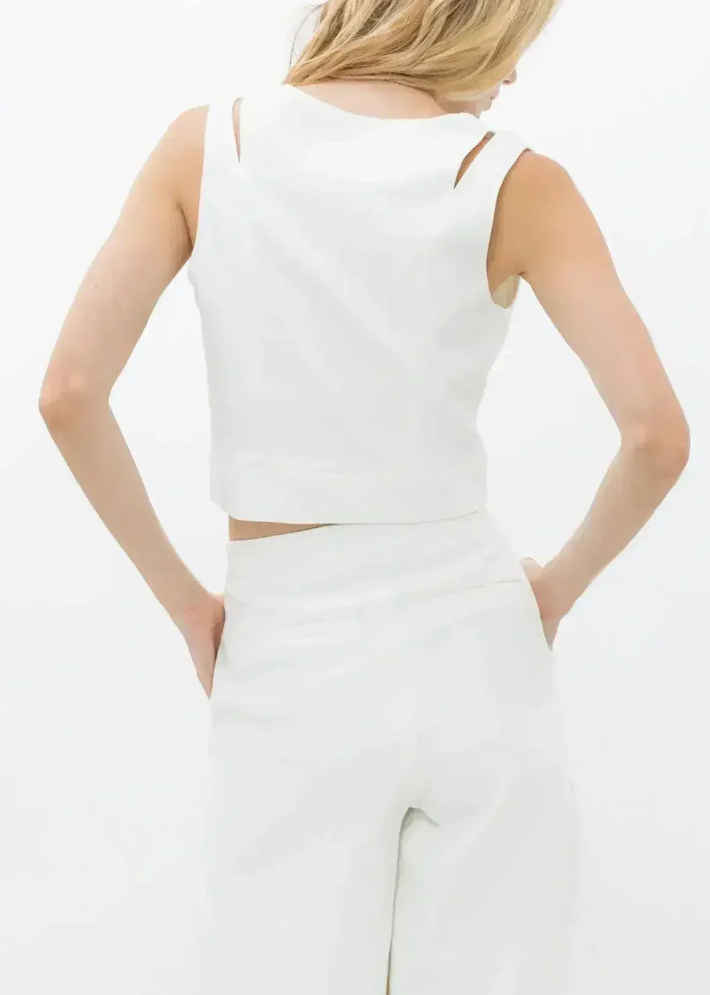 White V-Neck Sleeveless Crop Top - Keyhole & Zipper Detail - SJB-DIAMOND ELITES
