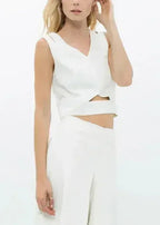 White V-Neck Sleeveless Crop Top - Keyhole & Zipper Detail - SJB-DIAMOND ELITES