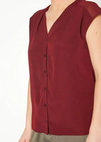 Women's Basic Sleeveless V Neck Button Top In Burgundy - SJB-DIAMOND ELITES