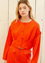 Women's Button Front Long Sleeve Crop Top in Poppy - SJB-DIAMOND ELITES