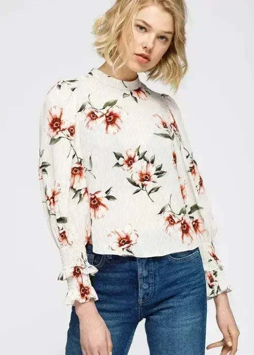 Women's Rust Flower Mockneck Smocked Sleeve Blouse | Femstylo - SJB-DIAMOND ELITES