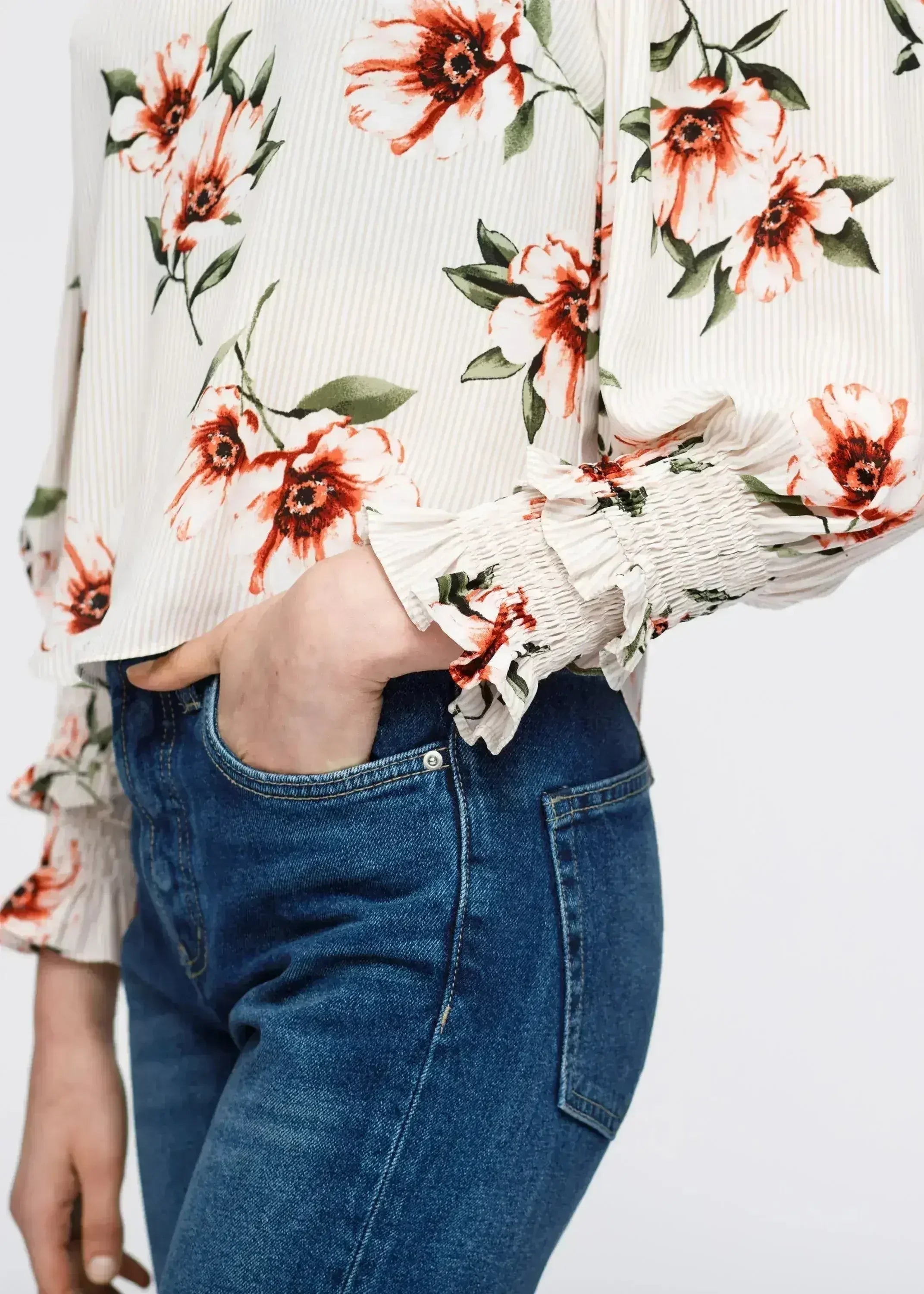 Women's Rust Flower Mockneck Smocked Sleeve Blouse | Femstylo - SJB-DIAMOND ELITES