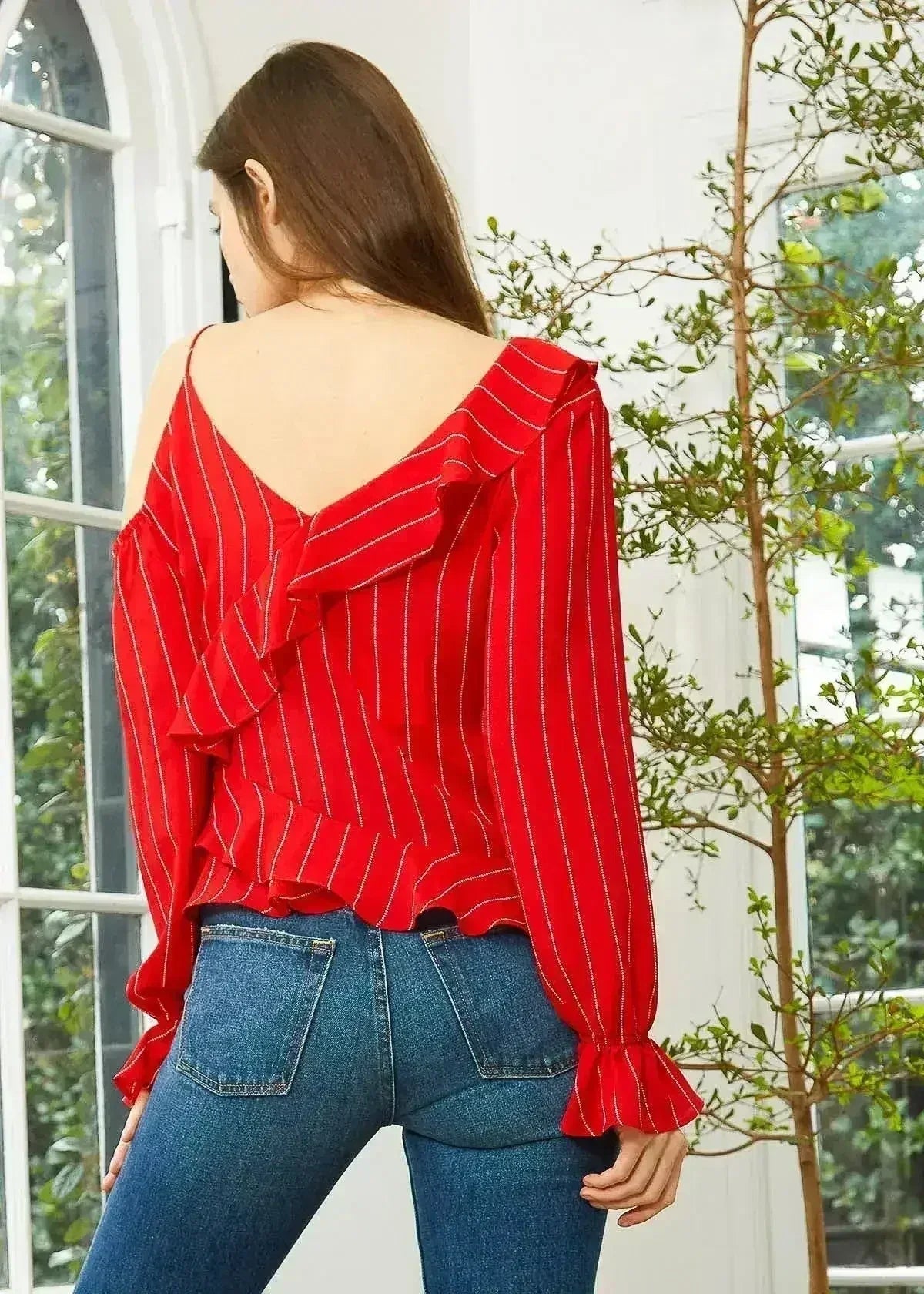 Women's Asymmetrical Shoulder Ruffle Blouse in Red | Femstylo - SJB-DIAMOND ELITES