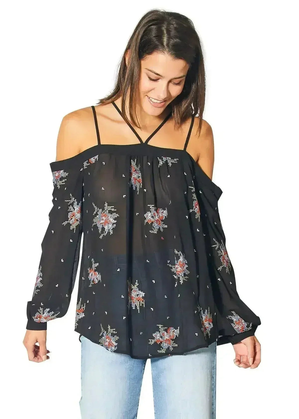 Off Shoulder Embroidery Print Blouse in Black | Femstylo - SJB-DIAMOND ELITES
