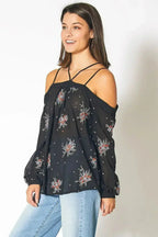 Off Shoulder Embroidery Print Blouse in Black | Femstylo - SJB-DIAMOND ELITES