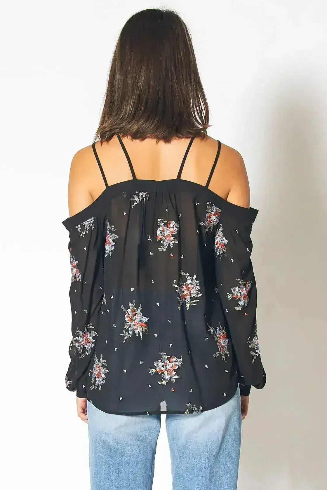 Off Shoulder Embroidery Print Blouse in Black | Femstylo - SJB-DIAMOND ELITES