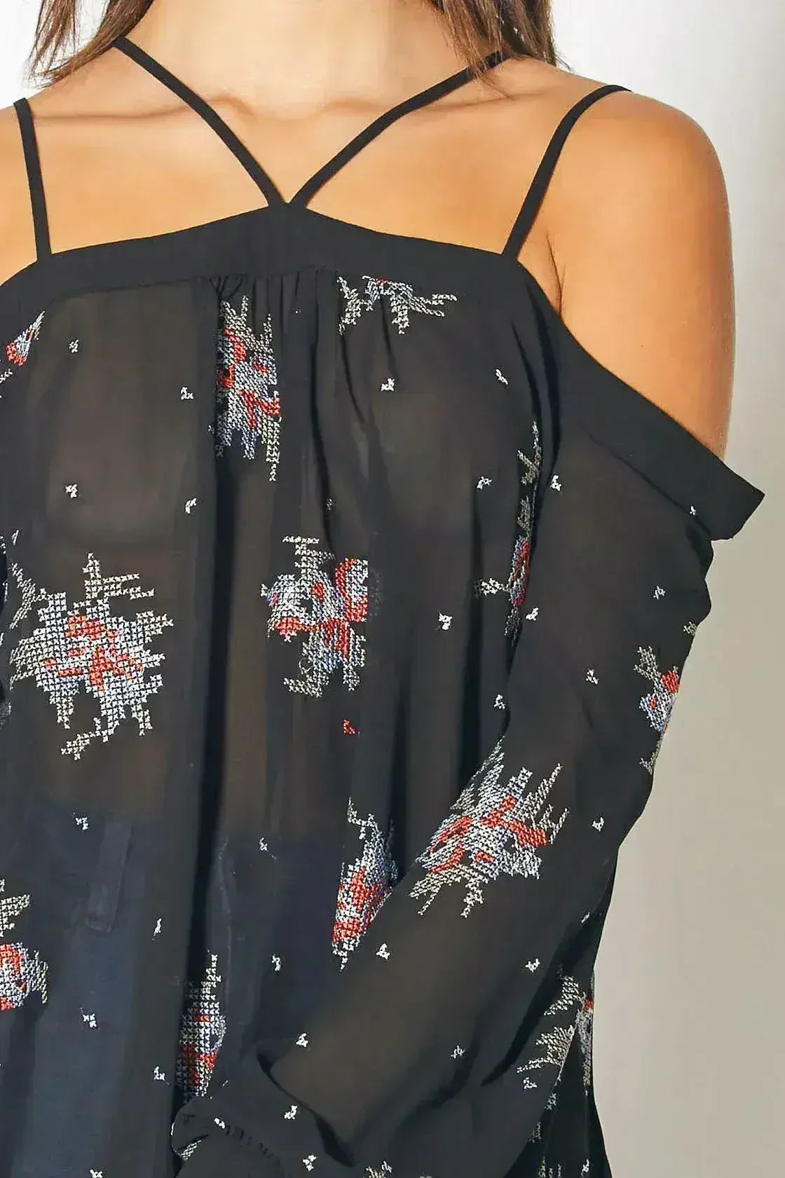 Off Shoulder Embroidery Print Blouse in Black | Femstylo - SJB-DIAMOND ELITES