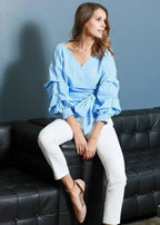 Gathered 3/4 sleeve Wrap Blouse In Blue For Women | Femstylo - SJB-DIAMOND ELITES