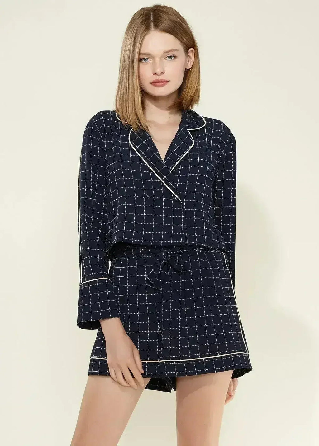 Women's Grid Print Pajama Blouse In Navy Plaid - SJB-DIAMOND ELITES