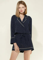 Women's Grid Print Pajama Blouse In Navy Plaid - SJB-DIAMOND ELITES
