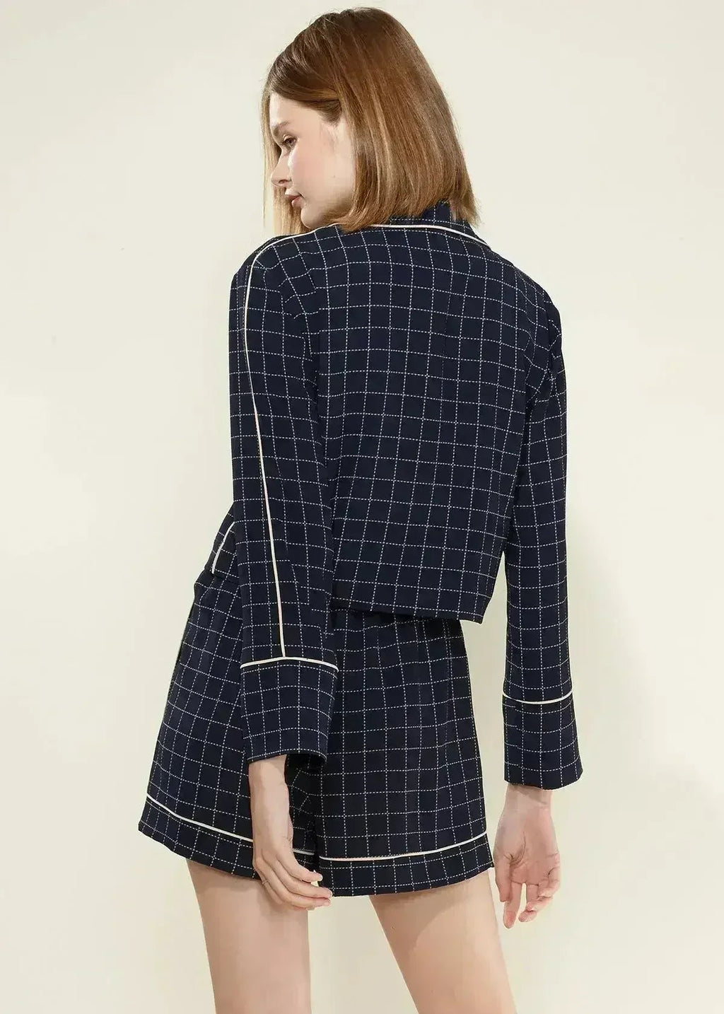 Women's Grid Print Pajama Blouse In Navy Plaid - SJB-DIAMOND ELITES