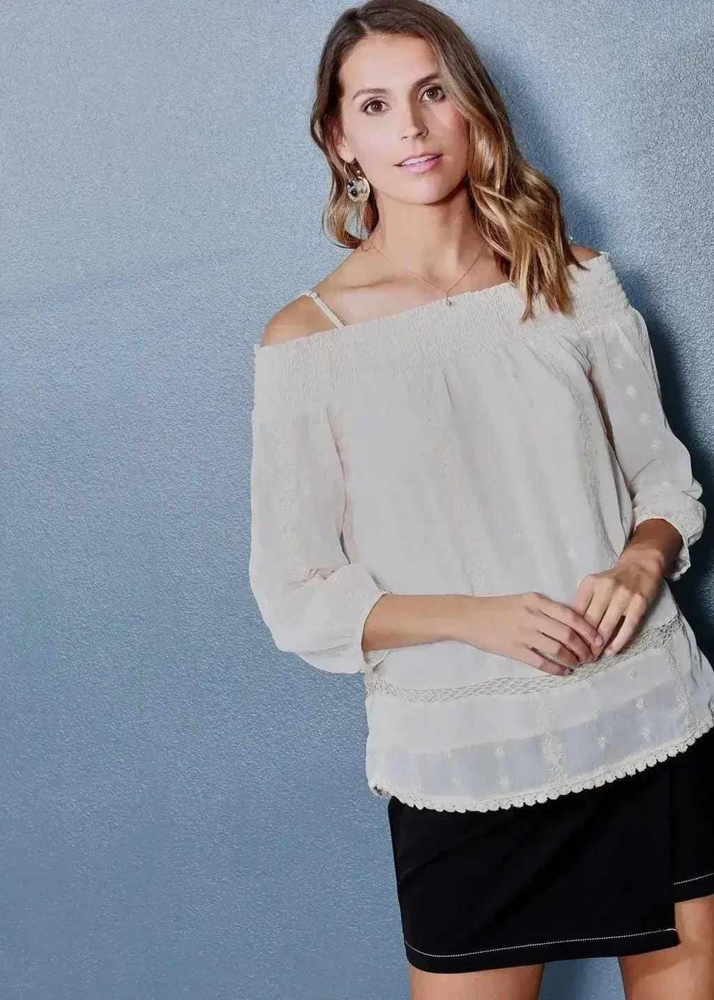 Women's Smocked Off Shoulder Lace Top - SJB-DIAMOND ELITES