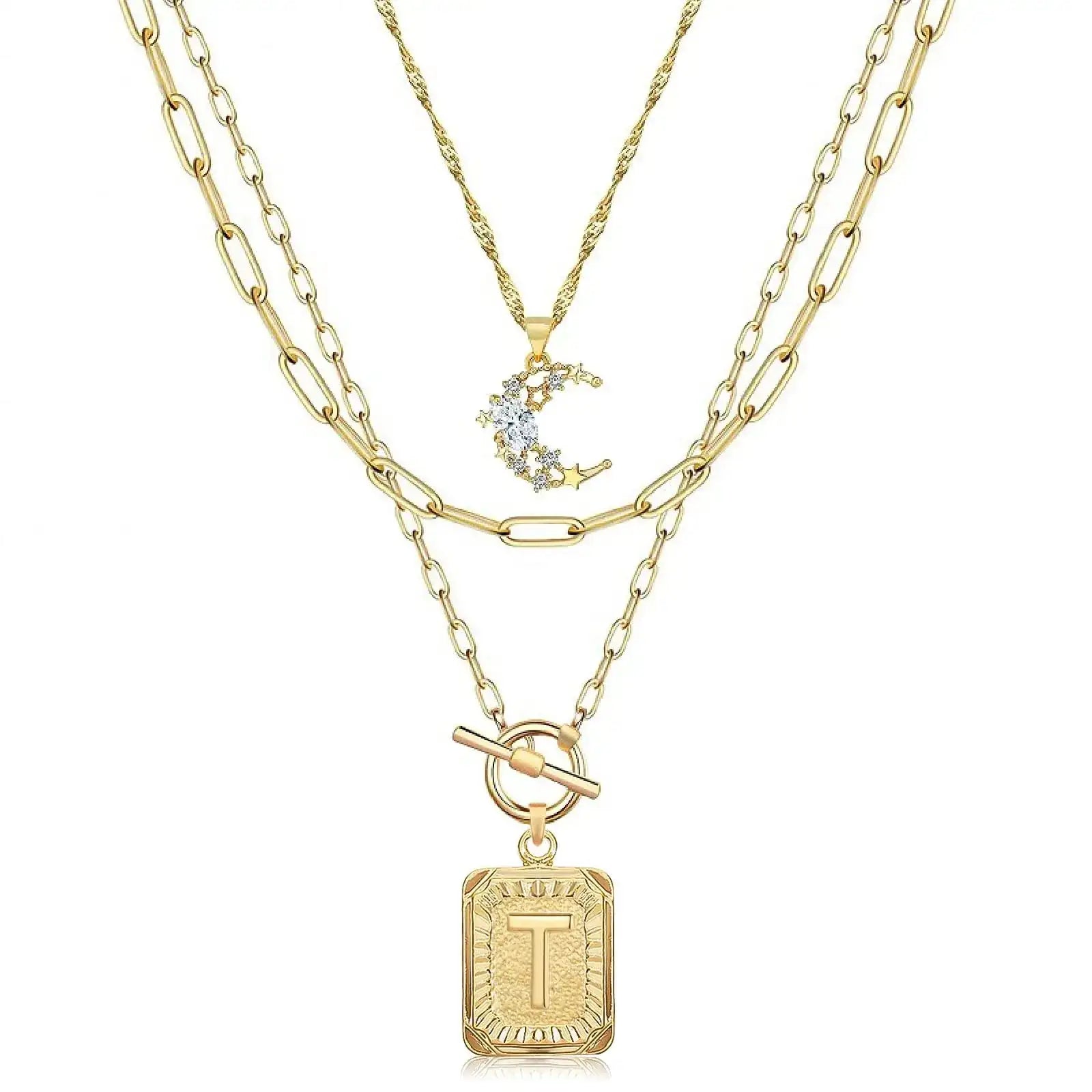 MJartoria Layered Initial Necklaces for Women Trendy 14K Gold Plated Simple Moon Choker Square Letter Pendant Necklace Paperclip Chain Necklace Gold Necklaces Jewelry Gifts (Gold T)
