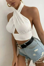 White Cross Front Halter Neck Underbust Top - SJB-DIAMOND ELITES