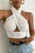 White Cross Front Halter Neck Underbust Top - SJB-DIAMOND ELITES