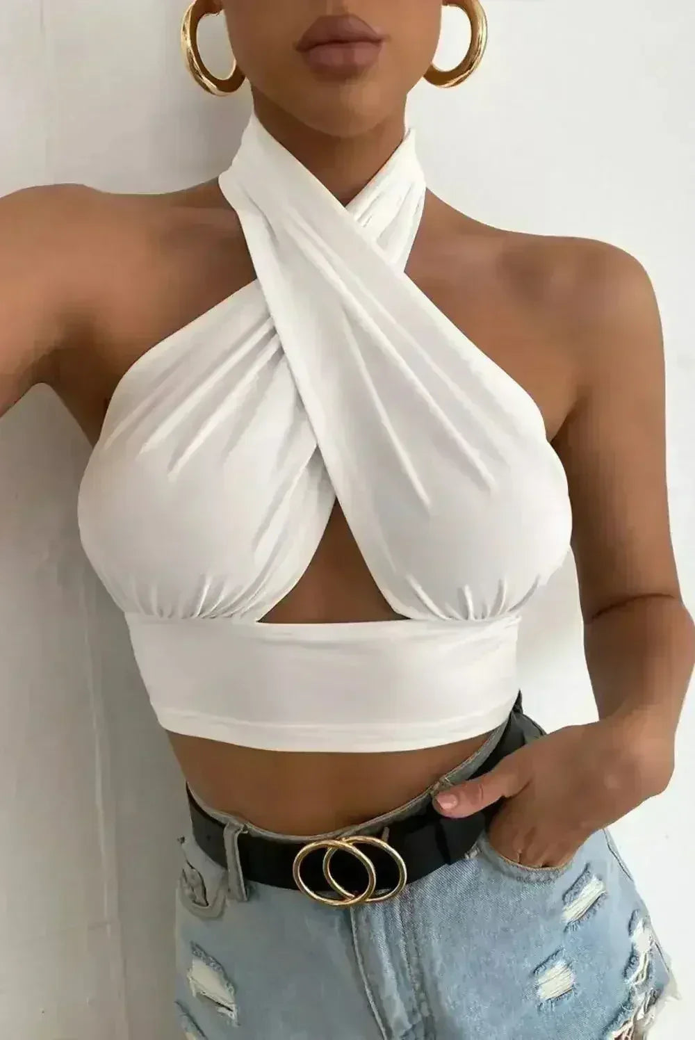 White Cross Front Halter Neck Underbust Top - SJB-DIAMOND ELITES