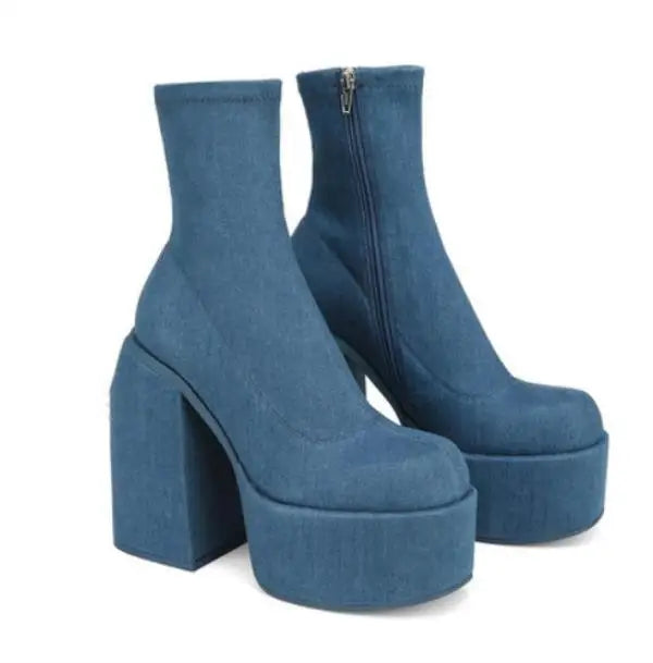 Winter Boots Lady Boots-Women Shoes Zipper Luxury Designer Rubber High Heel Ankle Fashion Rome Solid PU Basic Square Toe - SJB-DIAMOND ELITES