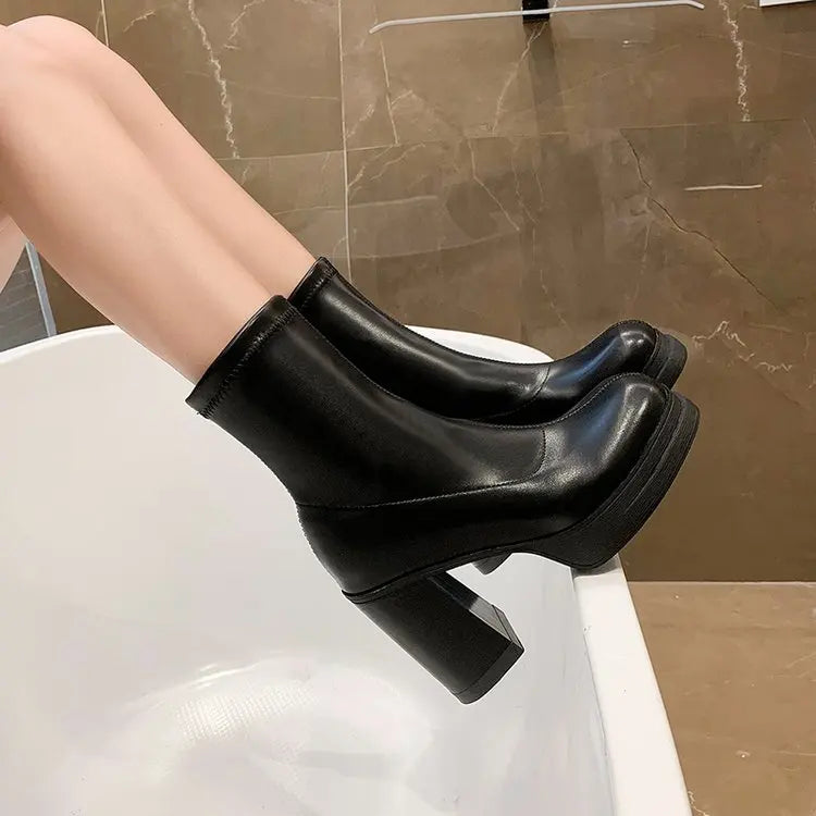 Winter Boots Lady Boots-Women Shoes Zipper Luxury Designer Rubber High Heel Ankle Fashion Rome Solid PU Basic Square Toe - SJB-DIAMOND ELITES