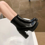 Winter Boots Lady Boots-Women Shoes Zipper Luxury Designer Rubber High Heel Ankle Fashion Rome Solid PU Basic Square Toe - SJB-DIAMOND ELITES