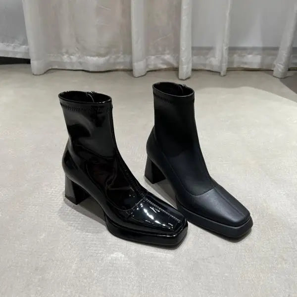 Winter Boots Lady Boots-Women Shoes Zipper Luxury Designer Rubber High Heel Ankle Fashion Rome Solid PU Basic Square Toe - SJB-DIAMOND ELITES