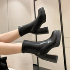 Winter Boots Lady Boots-Women Shoes Zipper Luxury Designer Rubber High Heel Ankle Fashion Rome Solid PU Basic Square Toe - SJB-DIAMOND ELITES