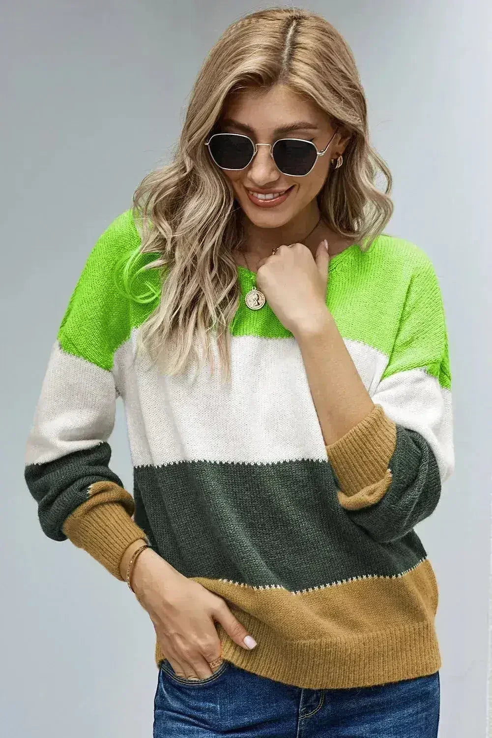Winter Green Pullover Colorblock Sweater - SJB-DIAMOND ELITES