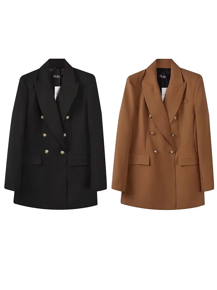 Women's Double Breasted Blazer - Vintage Long Sleeve Outerwear with Pockets - SJB-DIAMOND ELITES