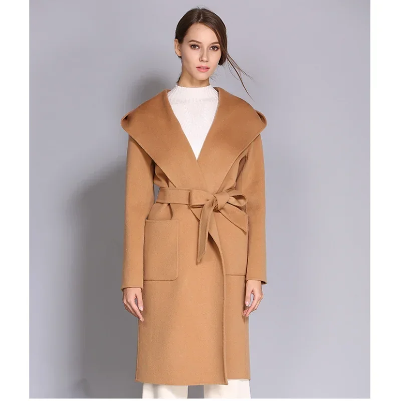 Women's Double-Sided Cashmere Wool Coat - Long Hooded Buttonless Mid-Length Coat with Lace-Up Design - SJB-DIAMOND ELITES