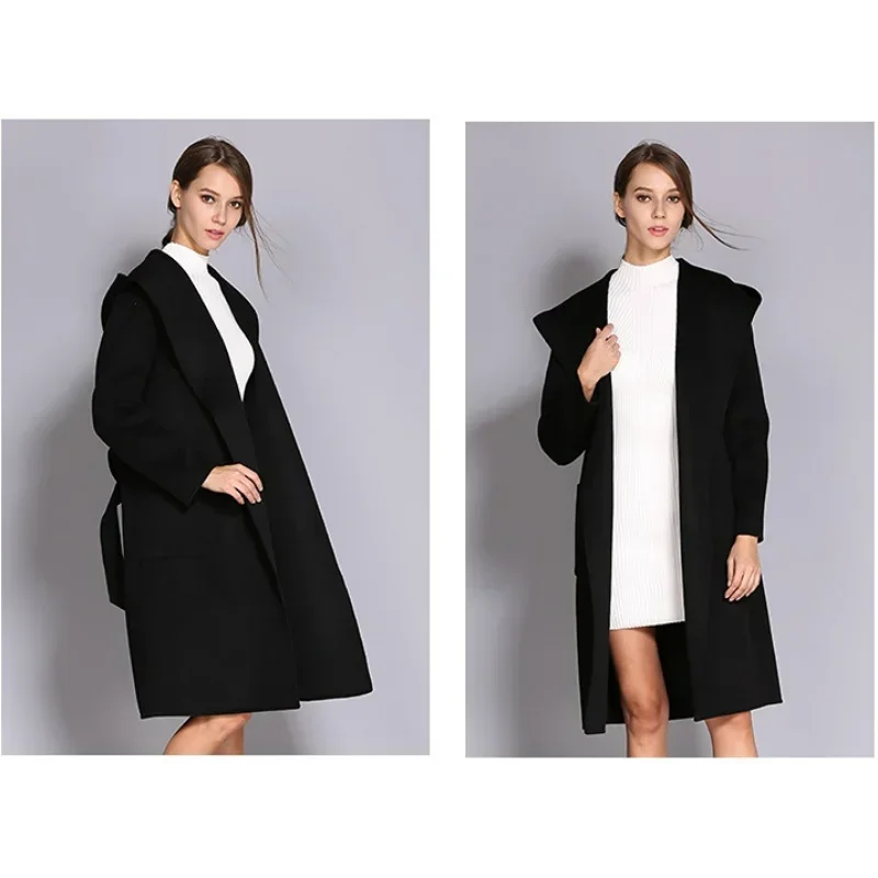 Women's Double-Sided Cashmere Wool Coat - Long Hooded Buttonless Mid-Length Coat with Lace-Up Design - SJB-DIAMOND ELITES
