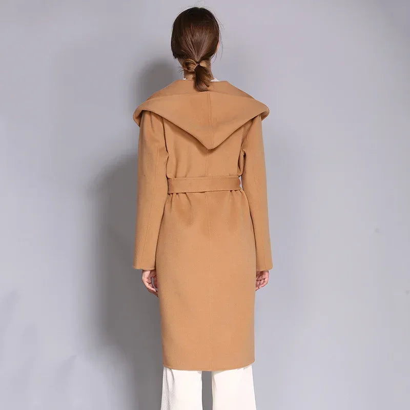 Women's Double-Sided Cashmere Wool Coat - Long Hooded Buttonless Mid-Length Coat with Lace-Up Design - SJB-DIAMOND ELITES
