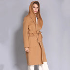 Women's Double-Sided Cashmere Wool Coat - Long Hooded Buttonless Mid-Length Coat with Lace-Up Design - SJB-DIAMOND ELITES