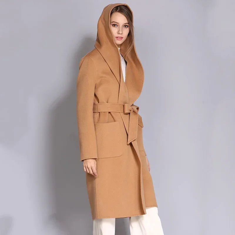 Women's Double-Sided Cashmere Wool Coat - Long Hooded Buttonless Mid-Length Coat with Lace-Up Design - SJB-DIAMOND ELITES