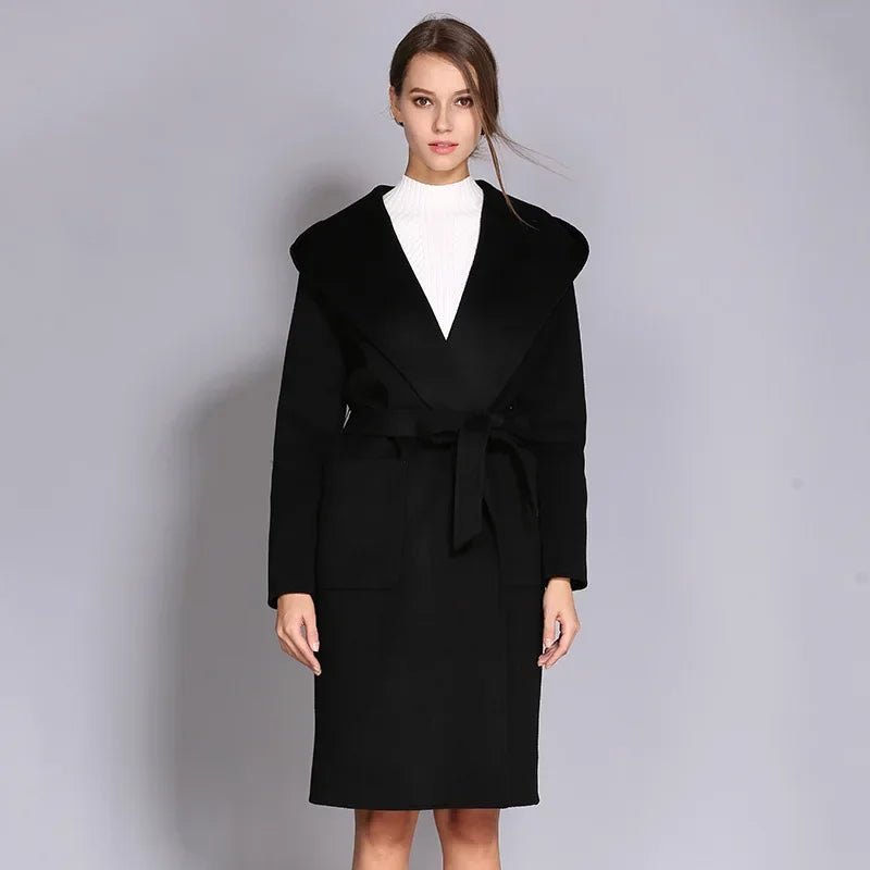 Women's Double-Sided Cashmere Wool Coat - Long Hooded Buttonless Mid-Length Coat with Lace-Up Design - SJB-DIAMOND ELITES