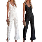 Women Elegant Jumpsuit Spaghetti Straps V Neck Solid Color Lace Open Back OnePiece Wide-leg Jumpsuits Long Playsuit - SJB-DIAMOND ELITES