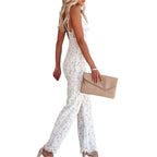 Women Elegant Jumpsuit Spaghetti Straps V Neck Solid Color Lace Open Back OnePiece Wide-leg Jumpsuits Long Playsuit - SJB-DIAMOND ELITES