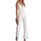 Women Elegant Jumpsuit Spaghetti Straps V Neck Solid Color Lace Open Back OnePiece Wide-leg Jumpsuits Long Playsuit - SJB-DIAMOND ELITES