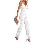 Women Elegant Jumpsuit Spaghetti Straps V Neck Solid Color Lace Open Back OnePiece Wide-leg Jumpsuits Long Playsuit - SJB-DIAMOND ELITES