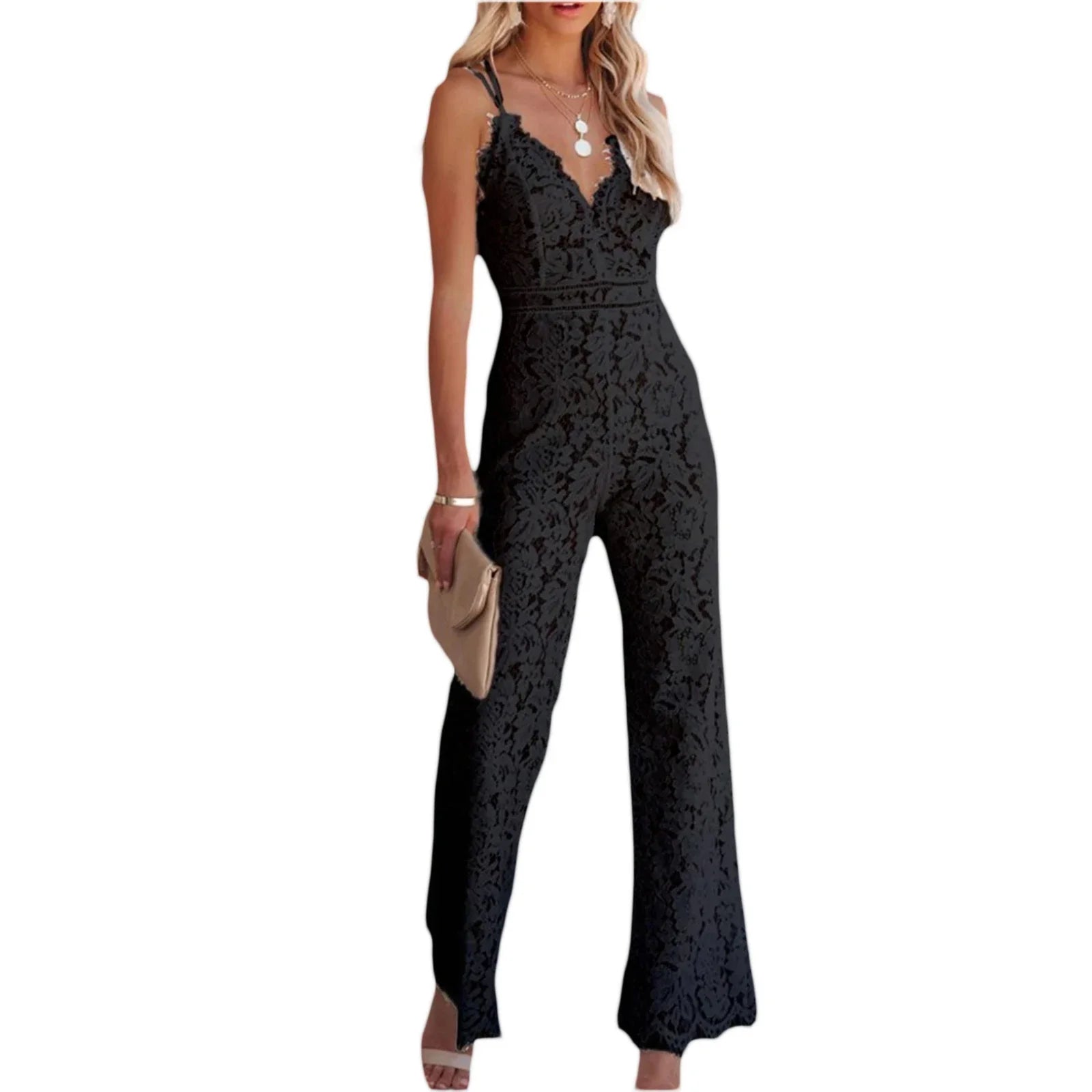 Women Elegant Jumpsuit Spaghetti Straps V Neck Solid Color Lace Open Back OnePiece Wide-leg Jumpsuits Long Playsuit - SJB-DIAMOND ELITES